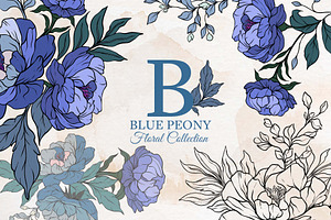 Blue Peony Flowers Set