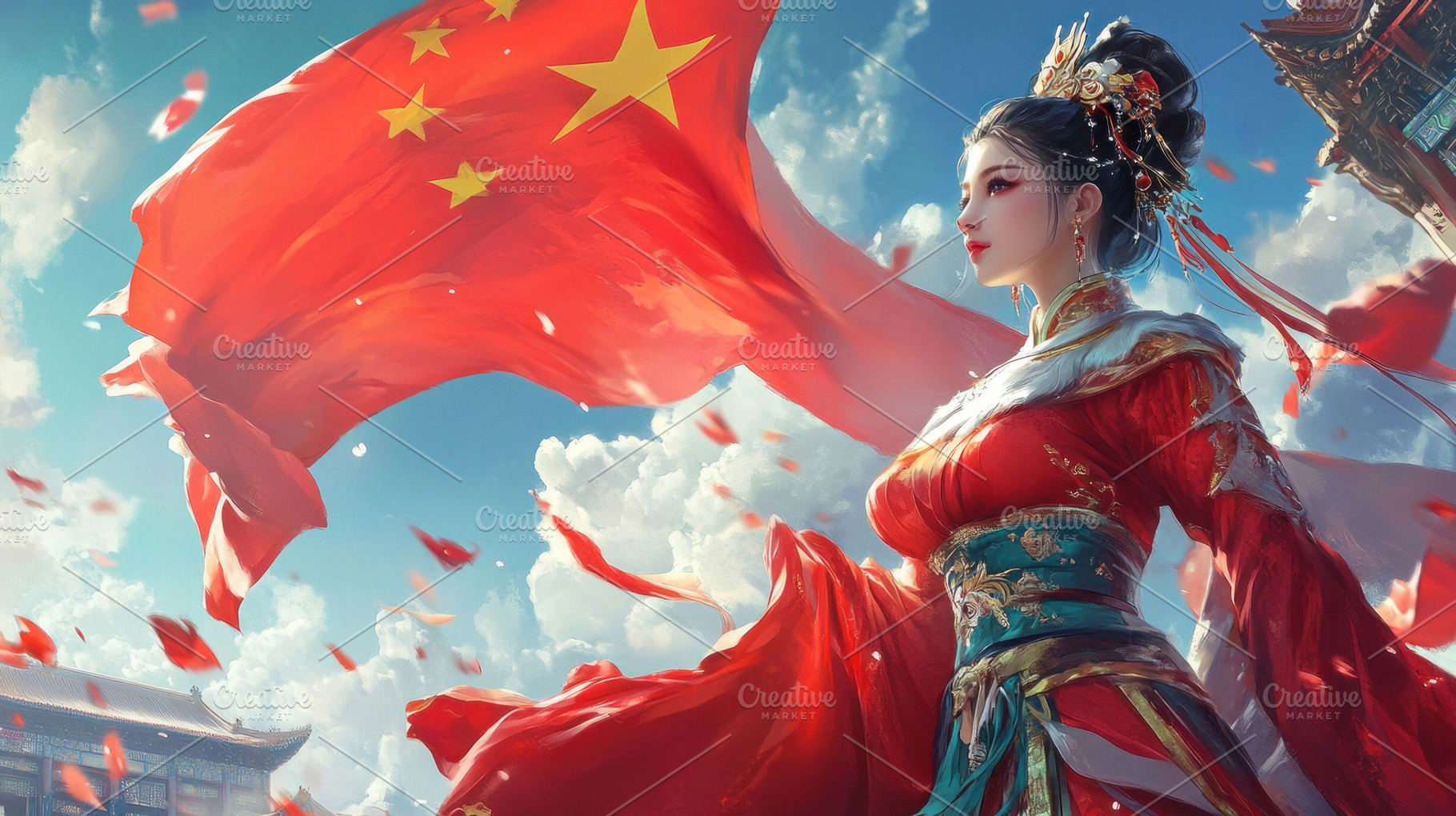 Chinese woman against the background of the Chinese flag, a Photo by Pictures for you!!!!!!!!!