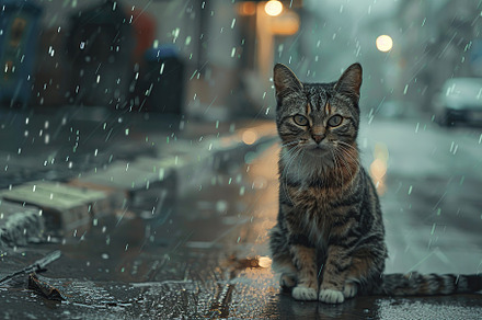 Wet homeless cat on a street in the rain, an Animal Photo by AlyaAnd