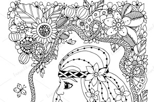 Doodle Woman In Floral Frame