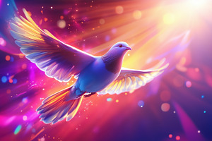A vibrant, colorful illustration of a dove in flight, surrounded by a dreamy, g, an Animal Photo by Textures & Backgrounds
