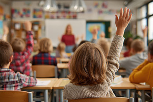 Child raising hand in classroom acti, a Photo by Pixeness Studio