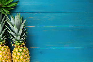 Ripe pineapples with copyspace on wooden background, a Food & Drink Photo by AlyaAnd
