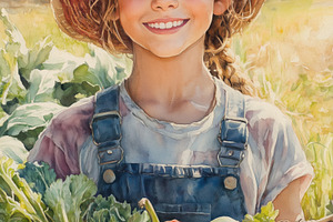 A cheerful girl wearing a straw hat and overalls, holding a basket filled with, a Person Photo by Textures & Backgrounds