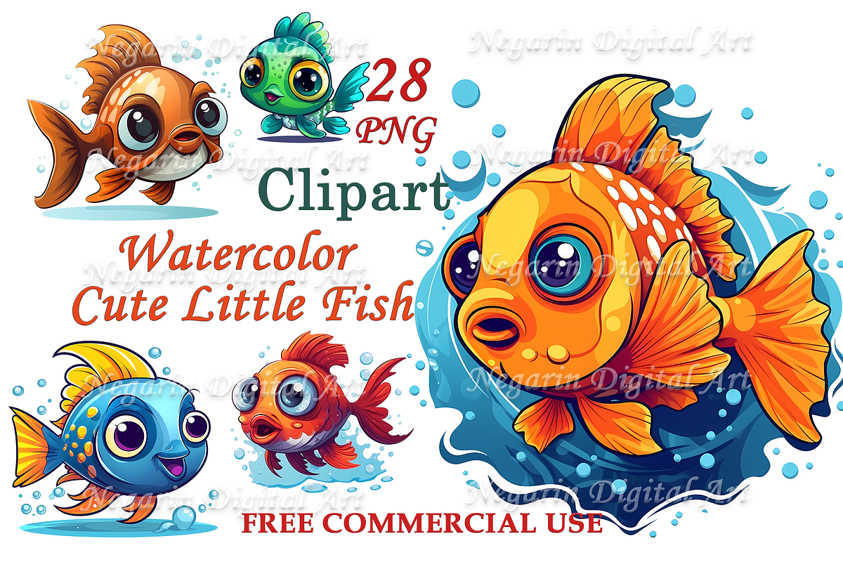 Watercolor Cute Little Fish Clipart, an Object Graphic by Negarin Digital Art (Photo 1 of 11)