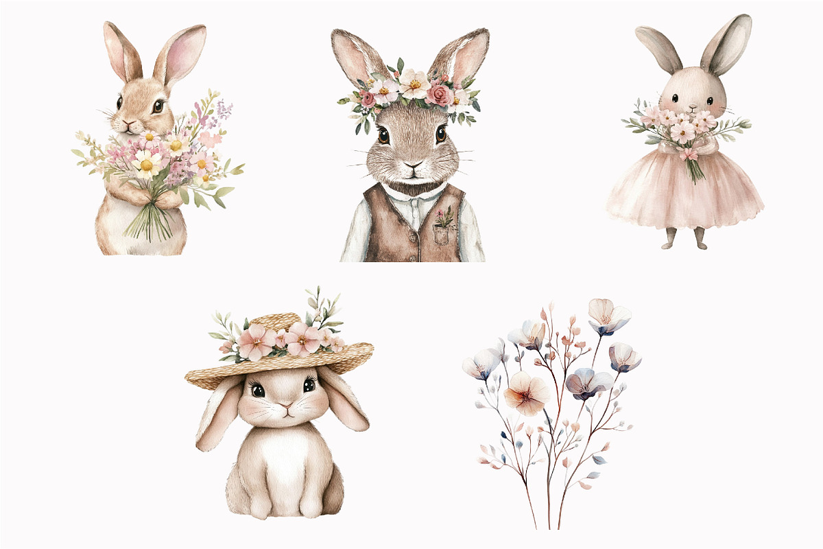 Watercolor Easter Bunnies Clipart, an Illustration by Design Market (Photo 4 of 4)