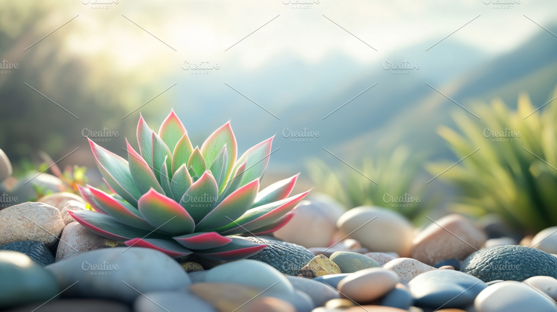Succulent Plant on Colorful Pebbles with Soft Natural Light, an Abstract Photo by Natalia Klenova's Shop