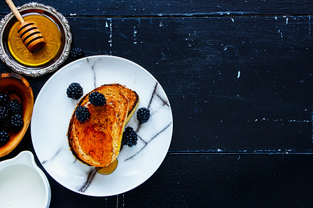 Toasts honey blackberries stock photo containing baguette and morning, a Food & Drink Photo by Yuliya Gontar
