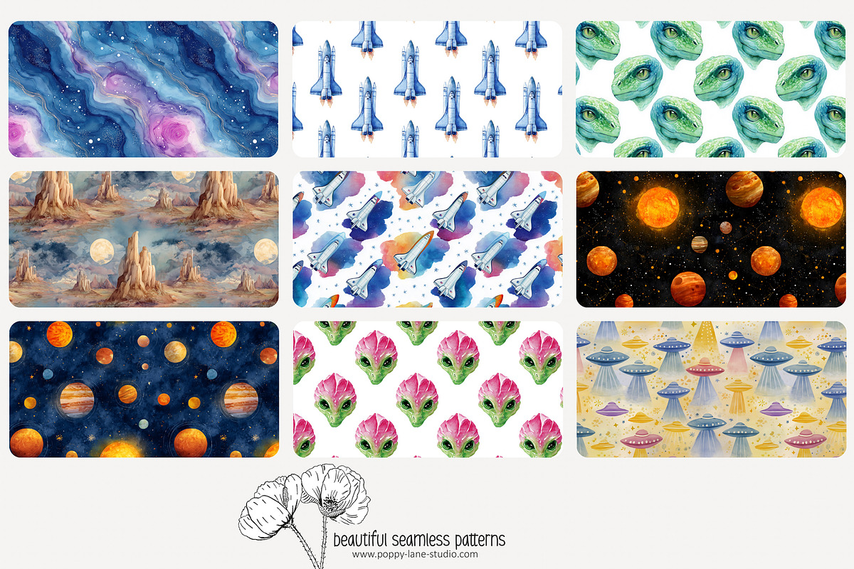 80 watercolour UFO seamless pattern, a Pattern Graphic by Poppy Lane Studio (Photo 5 of 11)