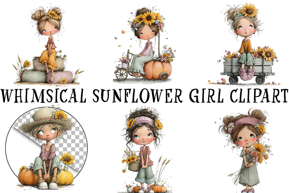 Whimsical Sunflower Girl Clipart, a Seasonal Illustration by OK Design (Photo 2 of 6)