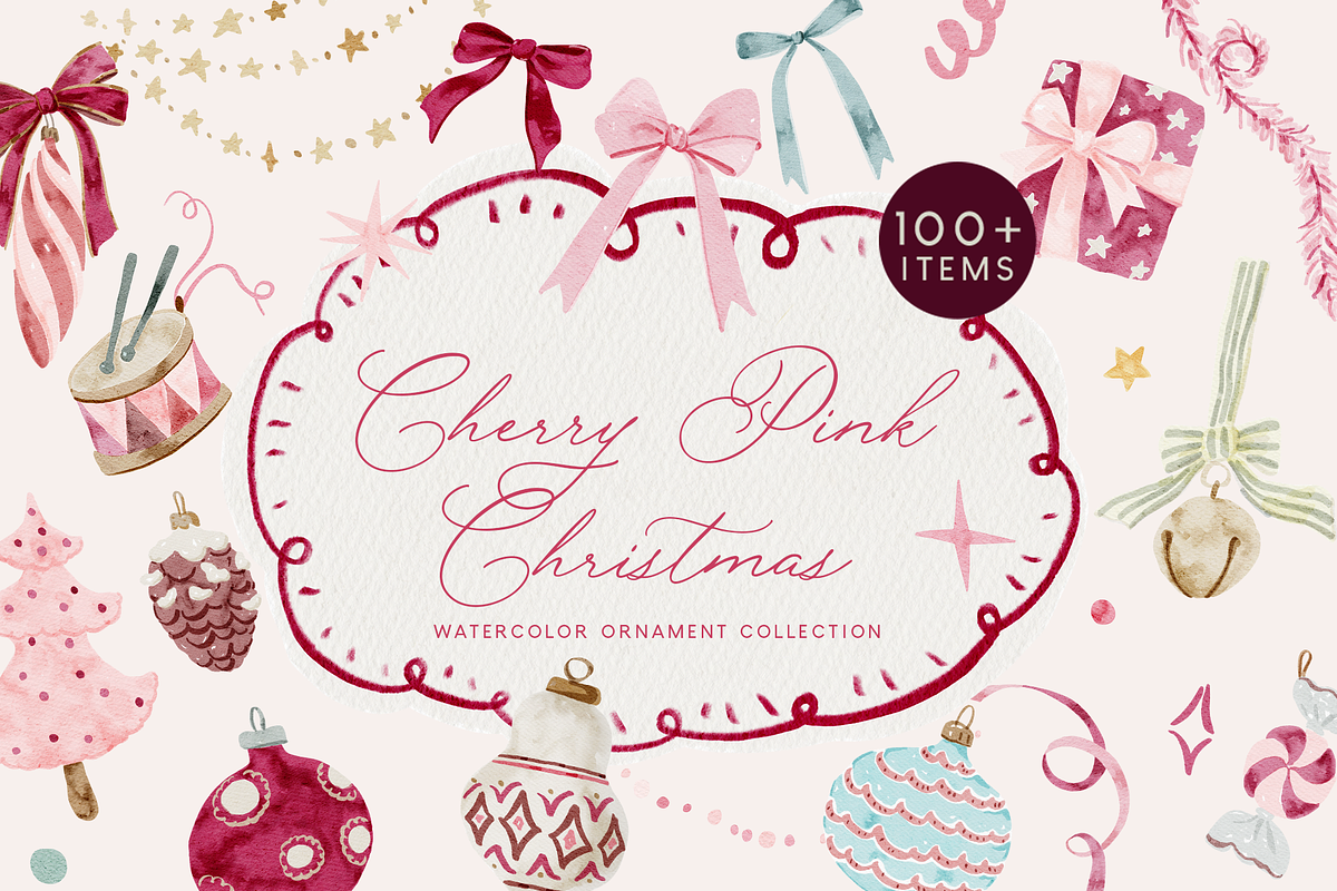 Cherry Pink Christmas Watercolor Set, a Decorative Illustration by Karma (Photo 1 of 8)