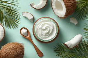 Coconuts on a green surface, a Photo by Beautiful things