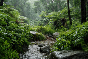 Rain falls on a lush forest, a Photo by Pavel_design