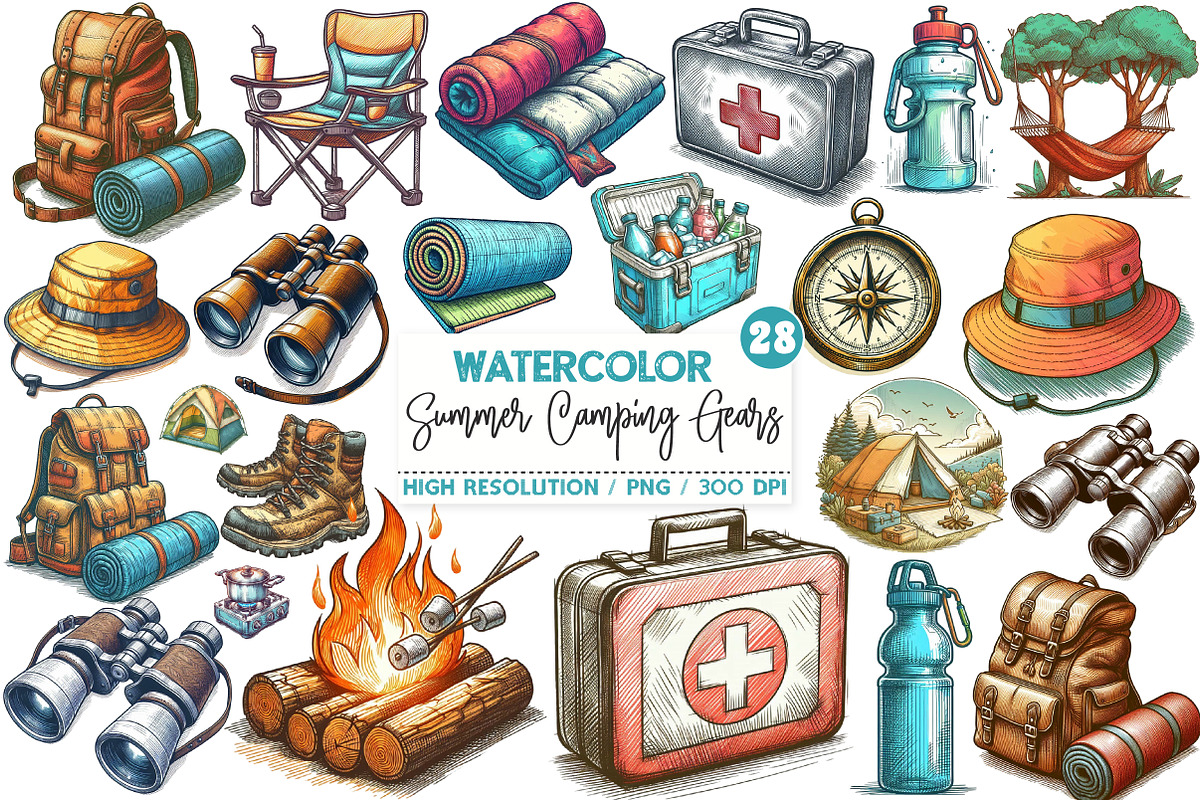 Summer Camping Gears Clipart, an Illustration by SinaCreation (Photo 1 of 5)