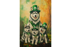 St Patricks Husky Family Artwork, an Animal Illustration by Art Paradise Studios