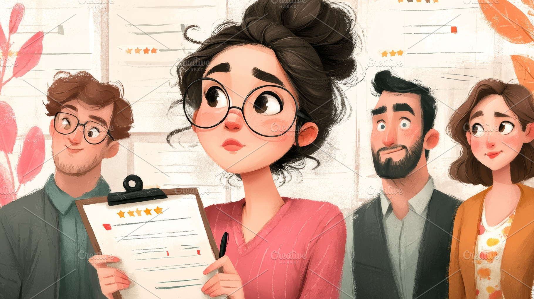 Employee review meeting with nervous woman holding clipboard and colleagues in, a Photo by AS photostudio