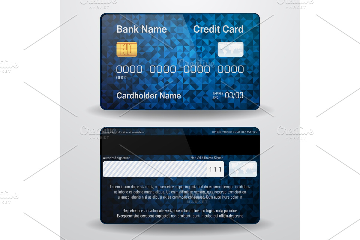 Detailed realistic vector credit card. Front and back side. Money, payment symbol, a Finance Illustration by Vector Shop