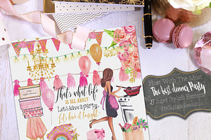 Dinner Party Watercolor Clipart.