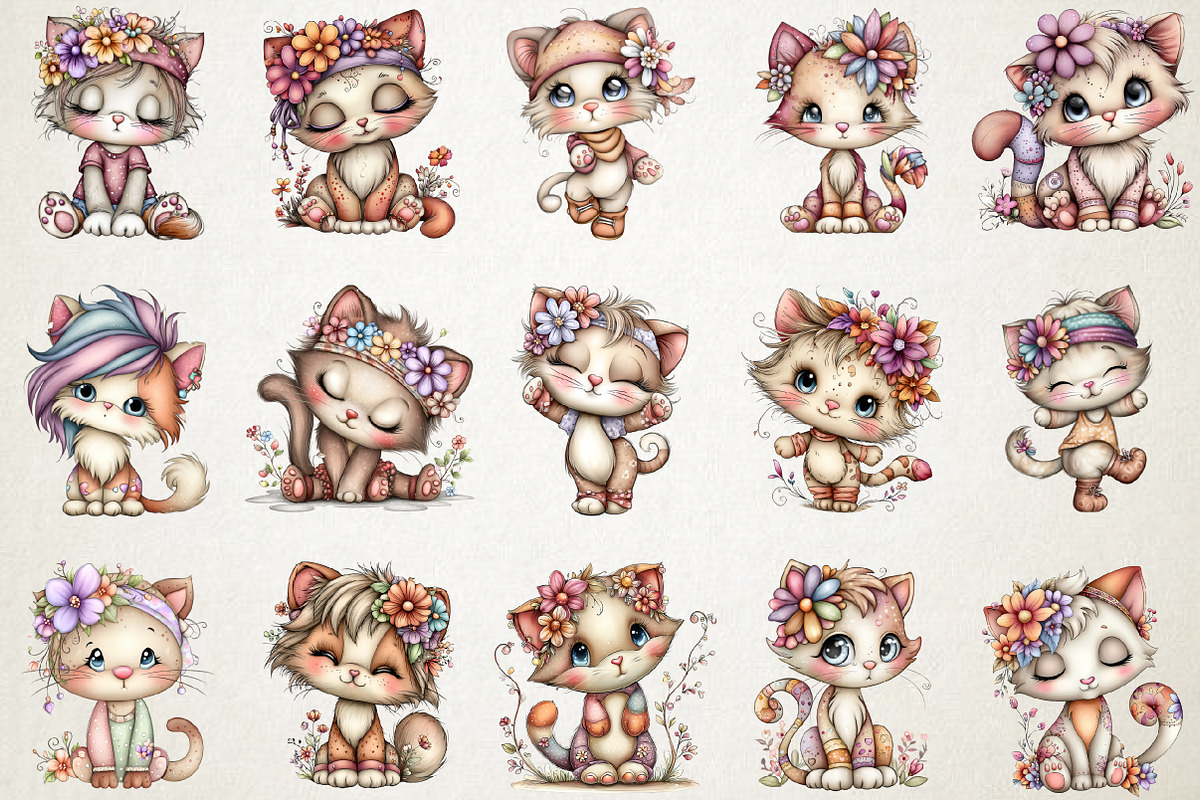 Whimsical Spring Cats Clipart Bundle, an Animal Illustration by RobertsArt