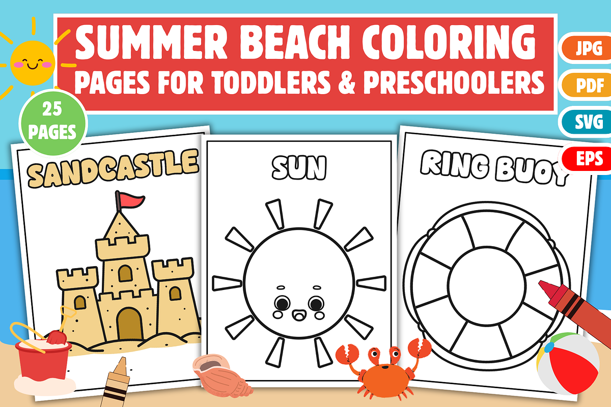 Beach Coloring Pages for Toddlers, a Seasonal Illustration by Creative Zone (Photo 1 of 3)