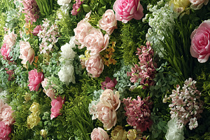 Lush floral wall with various blooming flowers and green foliage, a Photo by Studio ANNA