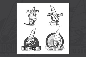 set of windsurfing badges and logos