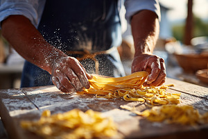 Fettuccine pasta being carefully rolled and cut outdoors on a wooden surface, a Photo by AlyaAnd