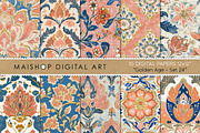 Blue Orange Floral Seamless Patterns, a Pattern Graphic by Maishop (Thumbnail 1 of 4)