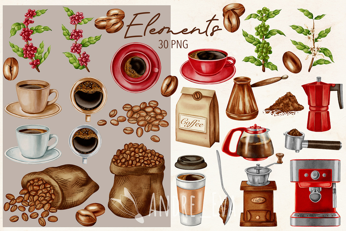 Watercolor Coffee Clipart/Pattern, a Food Illustration by Andre_Eva (Photo 2 of 10)