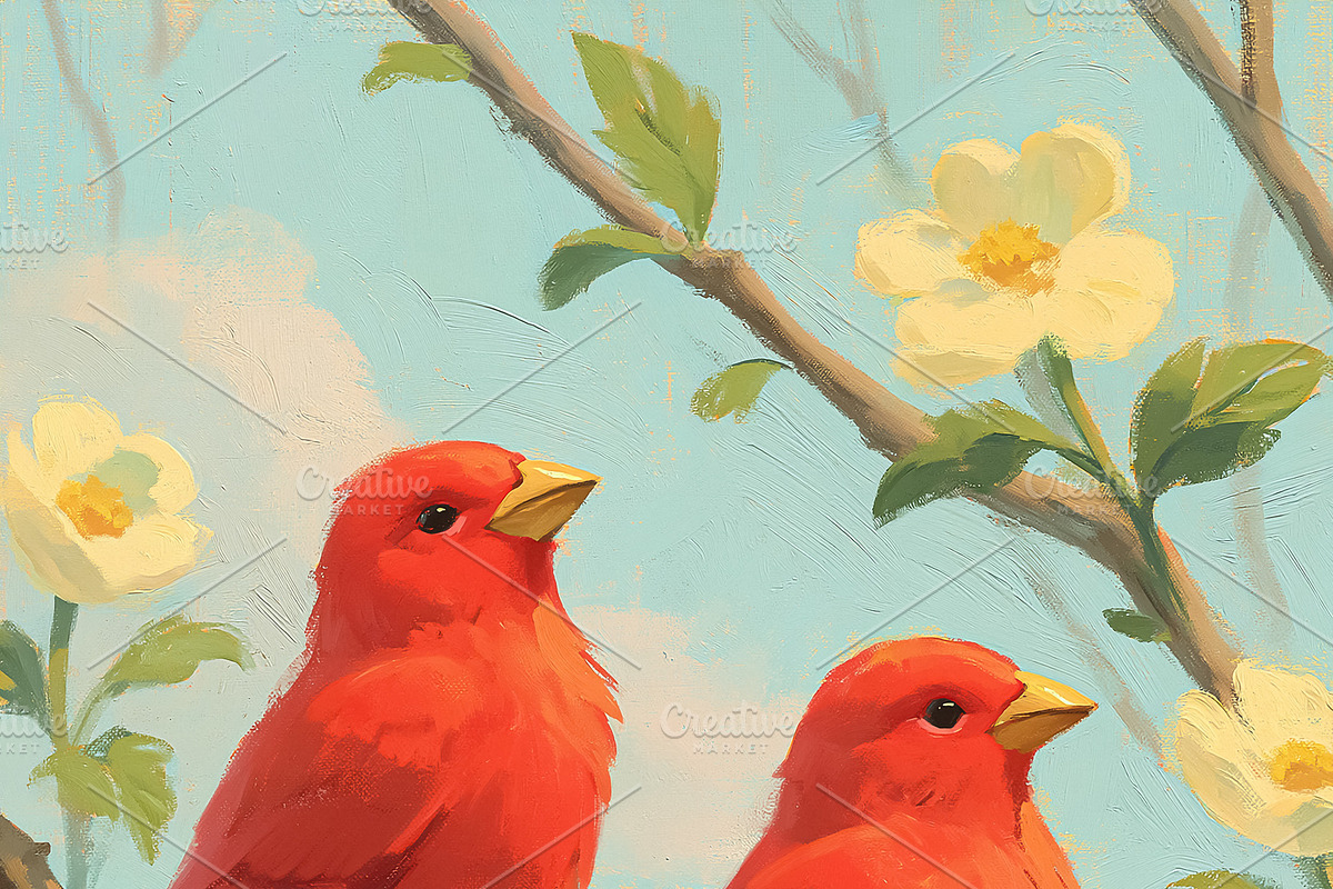 Two red birds perching on a blooming branch against a soft blue, an Illustration by Studio ANNA