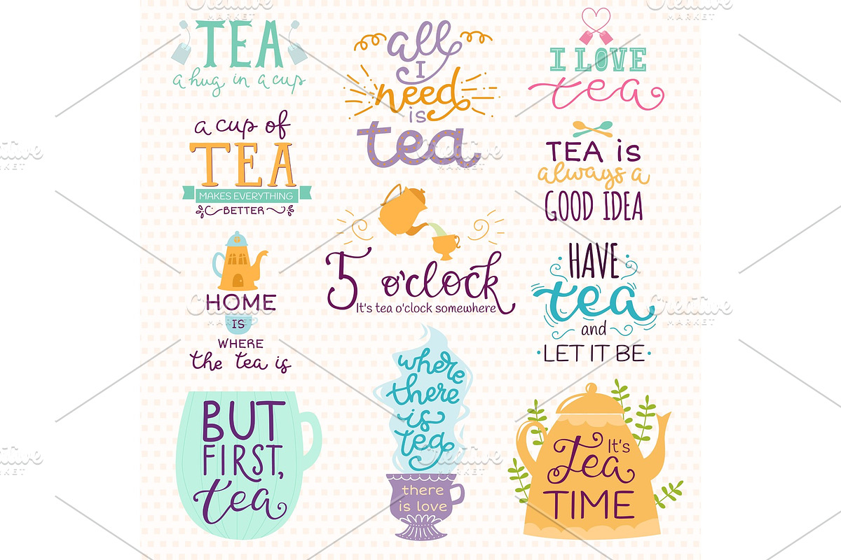 Tea time lettering logo quote vector lettering handdrawn cup of tea ...