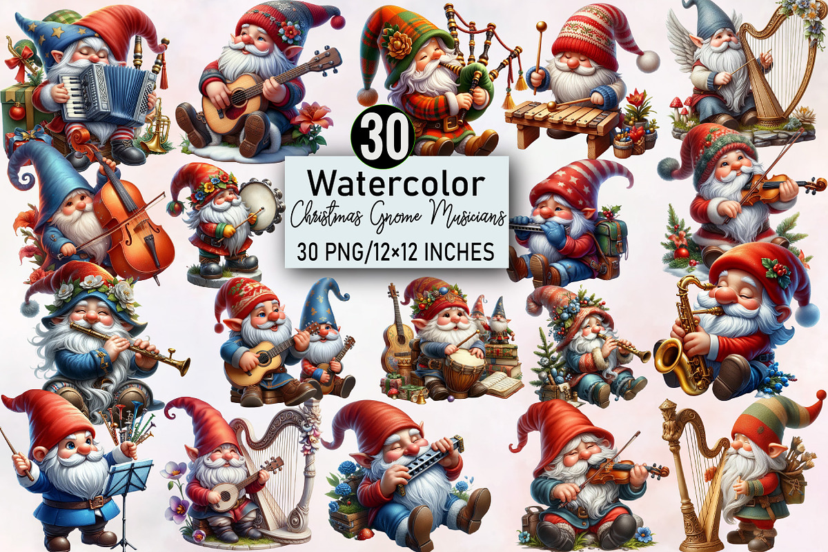 Watercolor Christmas Gnome Musicians, an Illustration by SVGArt (Photo 1 of 8)