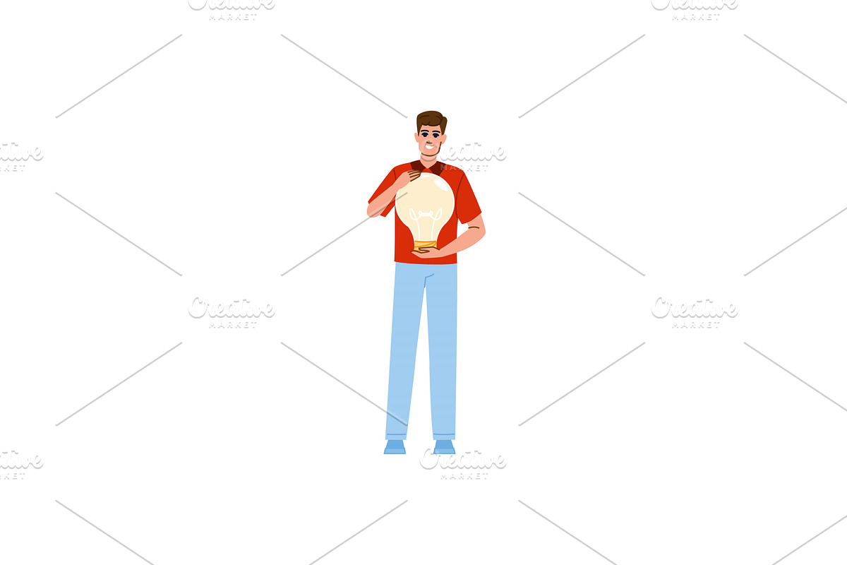 Smiling man holding light bulb, new, a Person Illustration by pikepicture