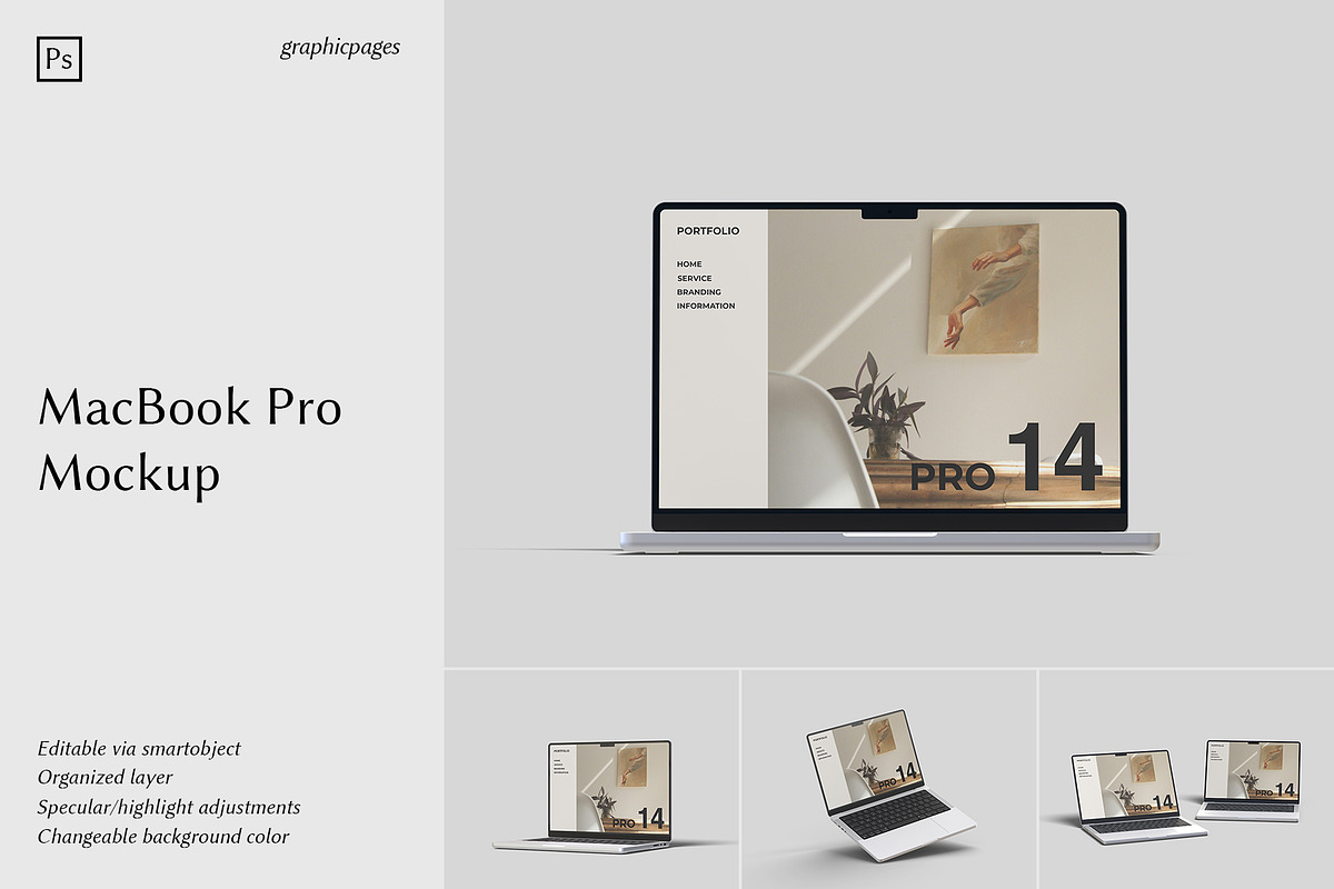 MacBook Pro 14 Mockup, a Mac Mockup by graphicpages (Photo 1 of 15)