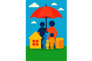 Illustrated family under a red, an Illustration by Sergey Kotenev