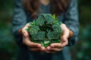 Ecology recycle icon with green leaves in human hands, a Photo by AlyaAnd