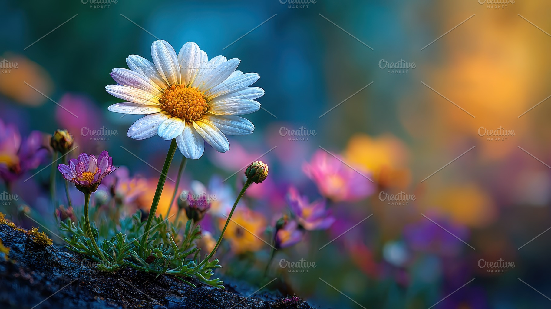 White daisy in a colorful flower fie, a Photo by Pixeness Studio