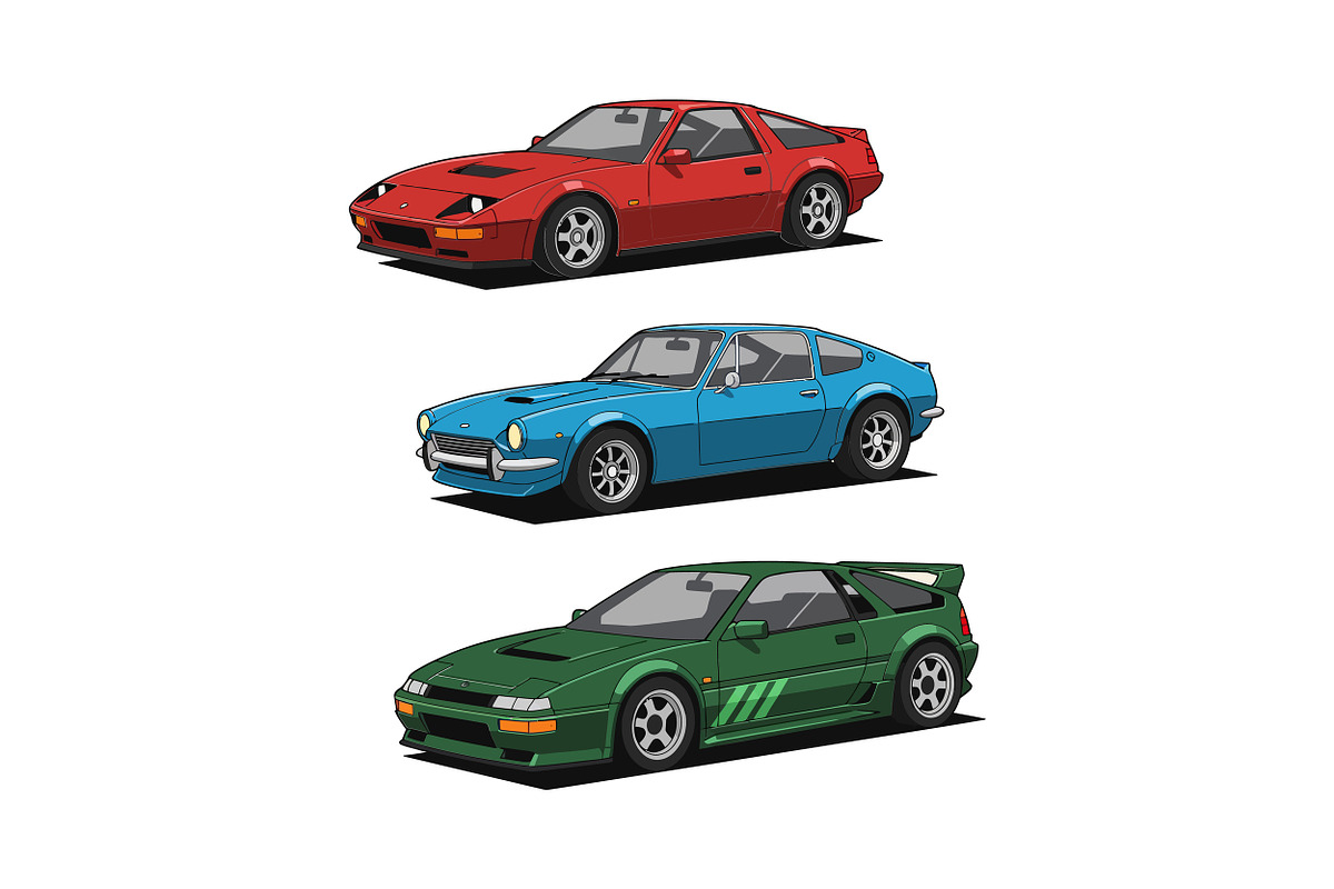 Retro sports cars in vibrant colors, an Illustration by designvectx