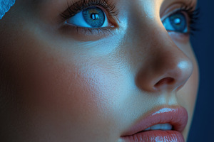 A close-up portrait of a young woman esthetic technologist with striking blue e, a Person Photo by Textures & Backgrounds