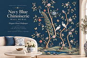 Navy Blue Chinoiserie Wall Mural, a Wallpaper Graphic by by creative paper (Thumbnail 1 of 20)
