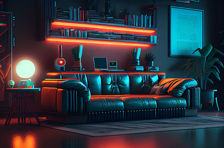 Interior of stylish living room with neon lighting, a Technology Photo by Olyryk & Aglo