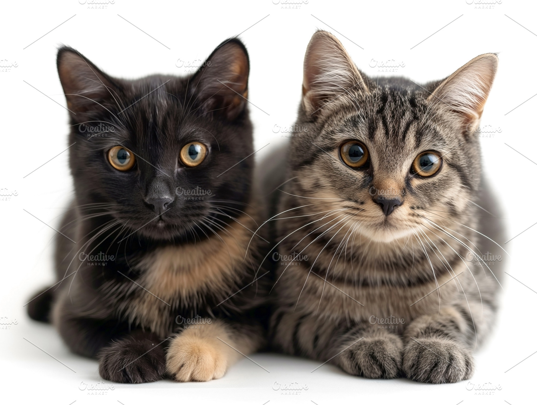 Two adorable cats, a black and a gray tabby, relax side by side on a soft surfa, an Animal Photo by ImageMir