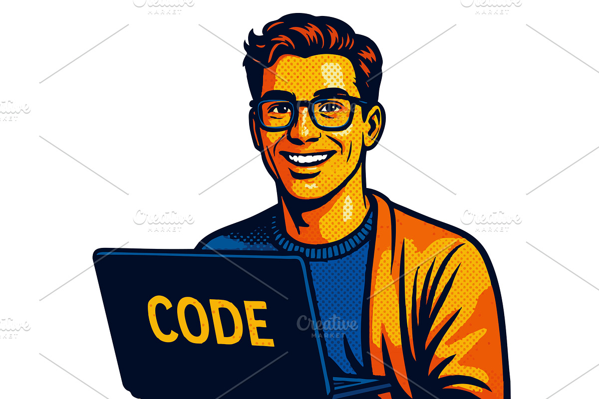 Smiling Programmer with Laptop, a Technology Illustration by AlexArt
