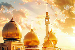 Welcoming Ramadan, golden dome mosqu, a Photo by LOGOCREATIVE