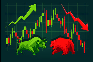 Bull and Bear Market Battle with Up, a Finance Illustration by BabySofja