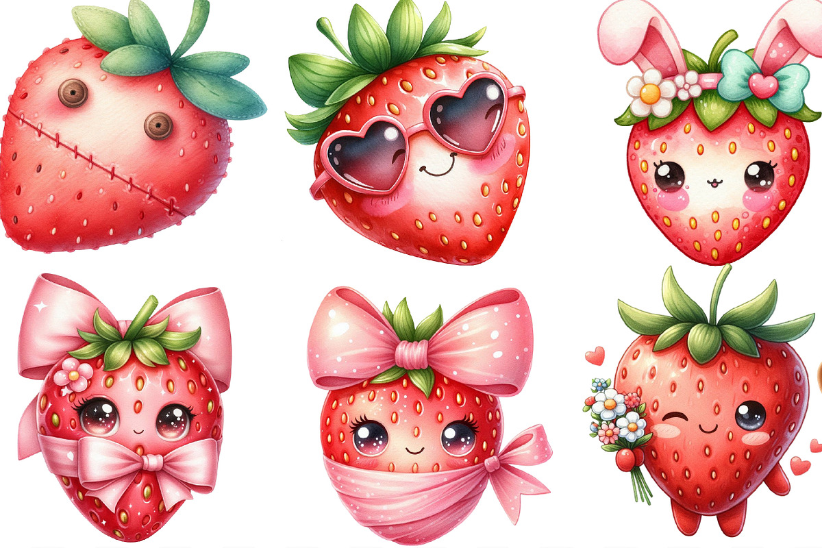 Watercolor Cute Strawberry Clipart, an Illustration by Designking (Photo 2 of 4)