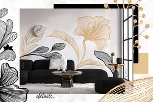 Gold & Black Waves. Lines, Flowers