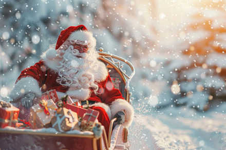 A joyful Santa Claus relaxes on his, a Photo by Tanuart