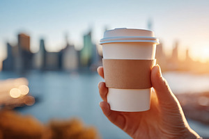 Hand holding coffee cup with city skyline at sunset, a Food & Drink Photo by AlyaAnd