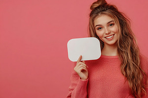 Smiling young woman holding a blank sign against a pink background, a Person Photo by AlyaAnd